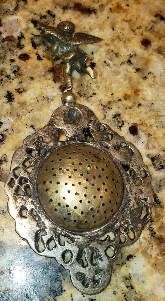Ornate Antique Tea Strainer - Etched - Unknown Origin - see pics Cherub handle