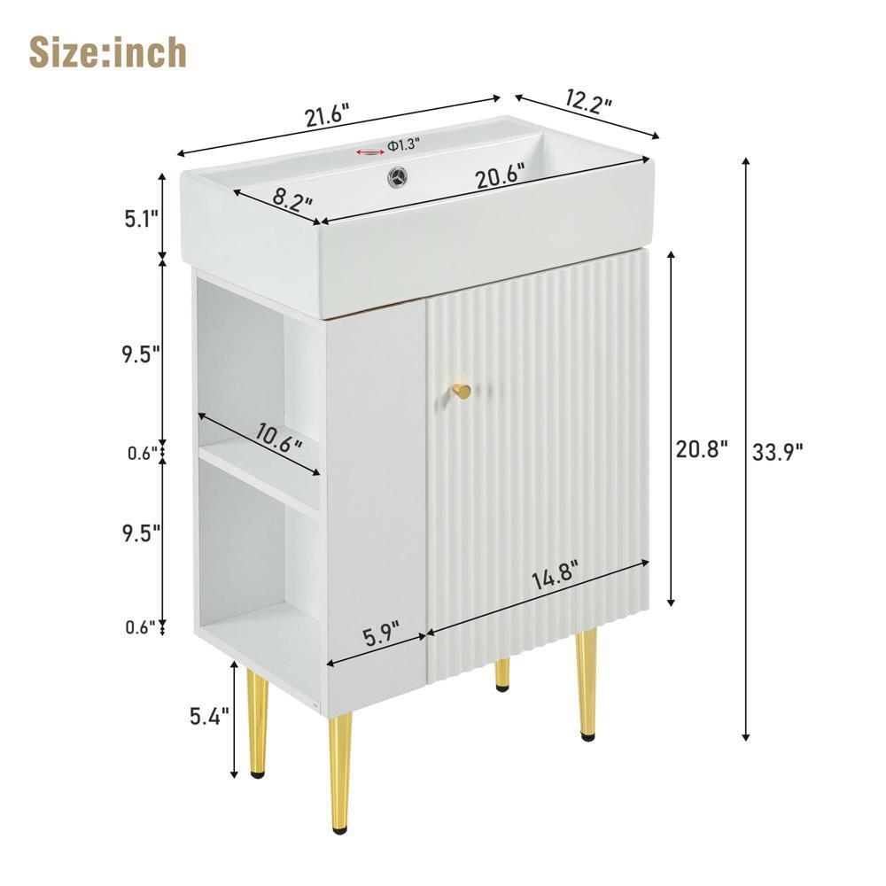 21.6" White Bathroom Vanity Combo Cabinet w/Single Ceramic Sink Leftside Storage