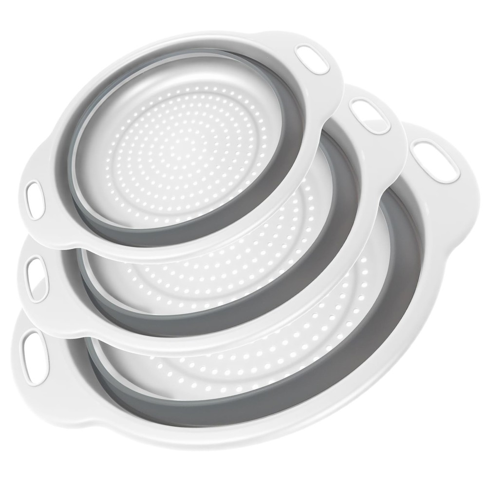 Collapsible Colander 3-Pack Set Space-Saving Foldable Kitchen Strainer with N...