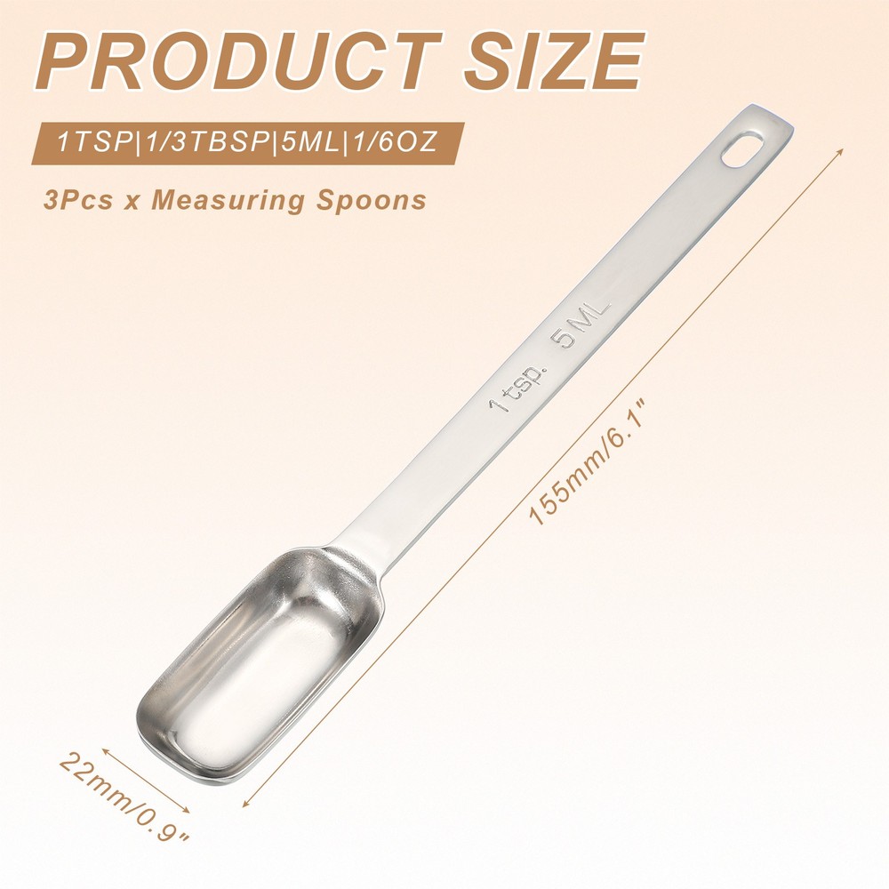 3pcs (1tsp|1/3tbsp|5ml|1/6oz)Stainless Single Measuring Spoon, Silver