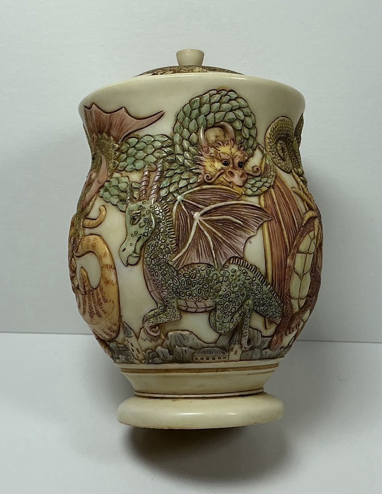 Jardinia Dragon ‘Fire Crackers’ Approximately 5”X6” Lidded Jar