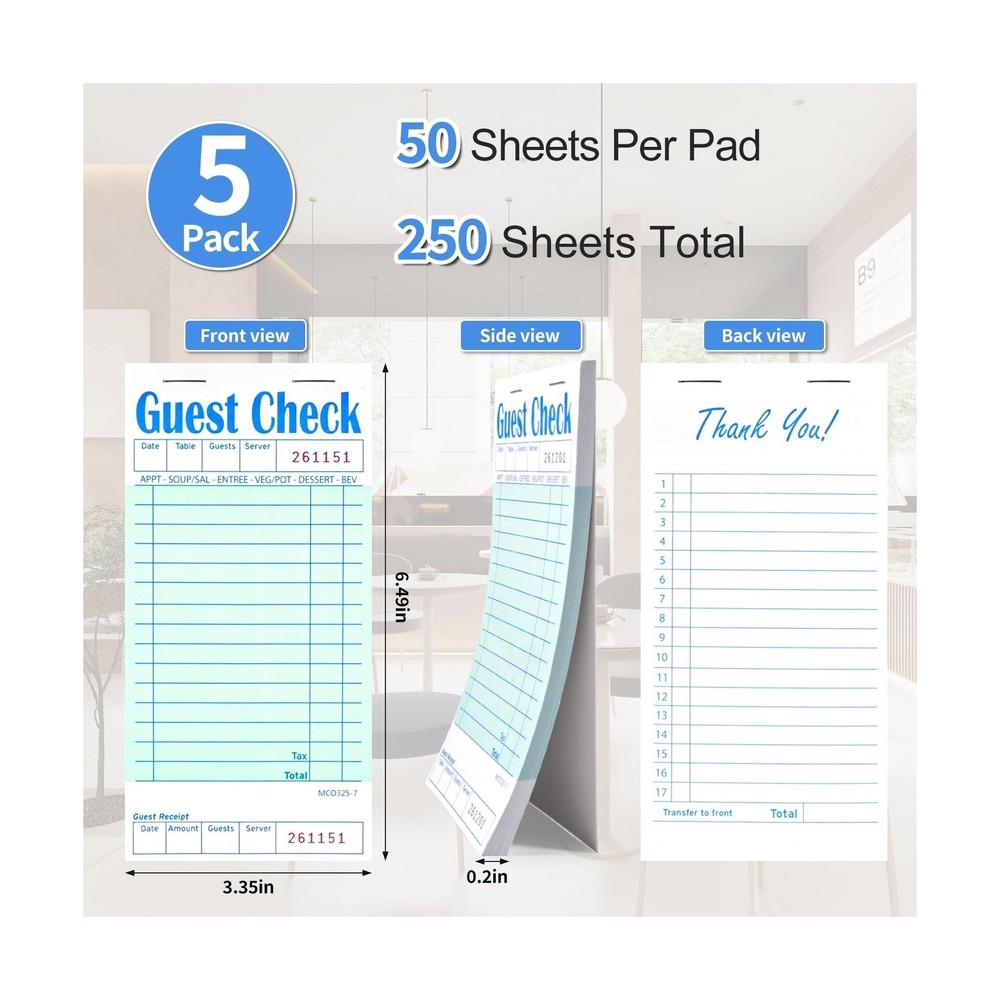 5 Pack Guest Check Books, Green Server Notepad Waiter Checkbook 50 Sheets Each