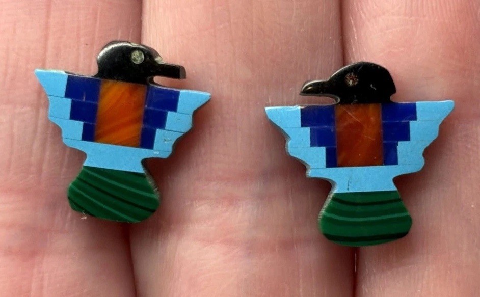 Sterling Silver Multicolor Inlay Thunderbird Stud Earrings Southwestern Style