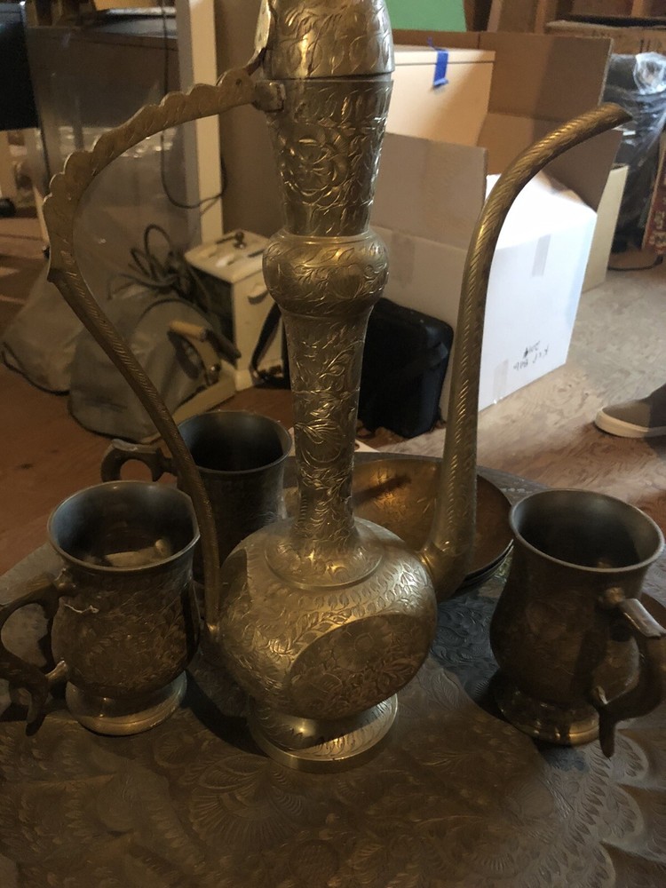 Vintage INDIA Etched Brass Samovar Set