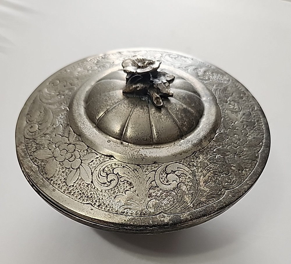 Silver tone Dish Bowl With Lid - unmarked