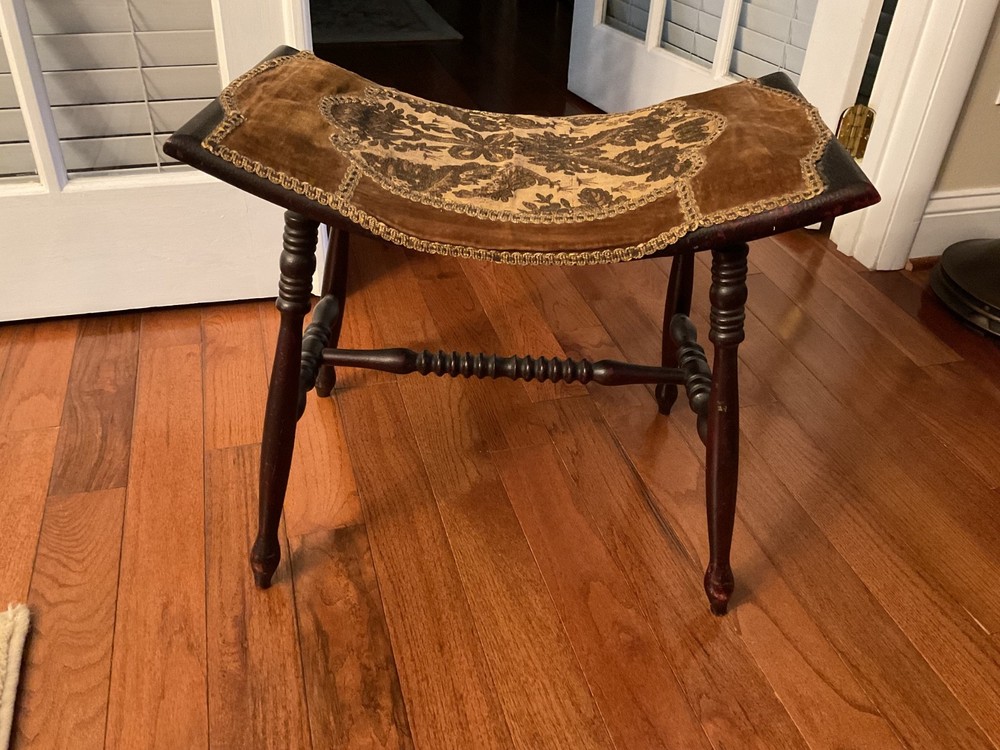 Antique Victorian Solid Wood Bench Stool with Spindle Center Support & Tapestry