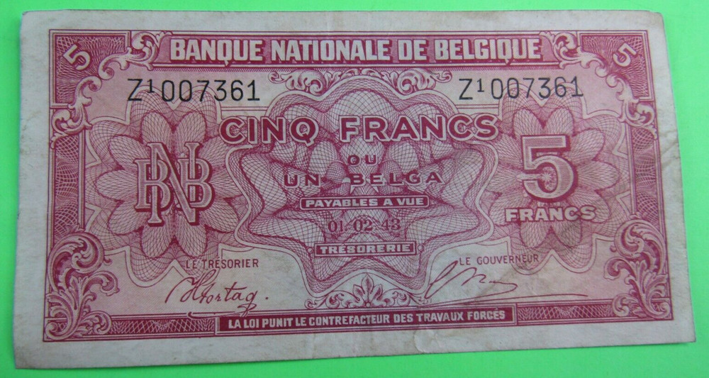 BELGIUM, 5 FRANCS, P#121, 1943