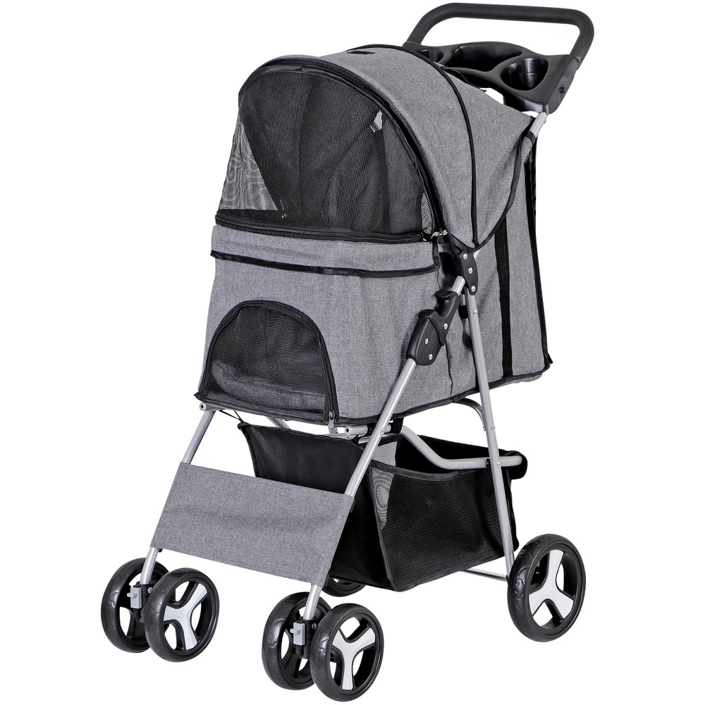 Pet Stroller 4 Wheels Cat Dog Stroller with Cup Holder, Breathable Mesh Grey