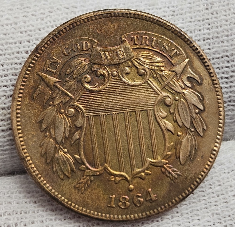 1864 2C Large Motto EB *15% ROTATED* TONED