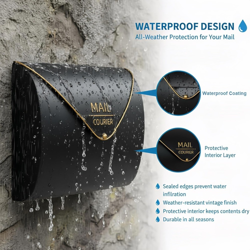 Black Wall Mount Mailbox for Outside,Waterproof Metal Mailboxes with Rust-Pro...