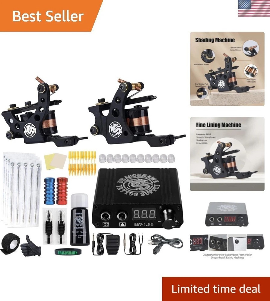 Beginner-Friendly Tattoo Kit with Two Pro Machines, Ink & 20 Sterilized Needles