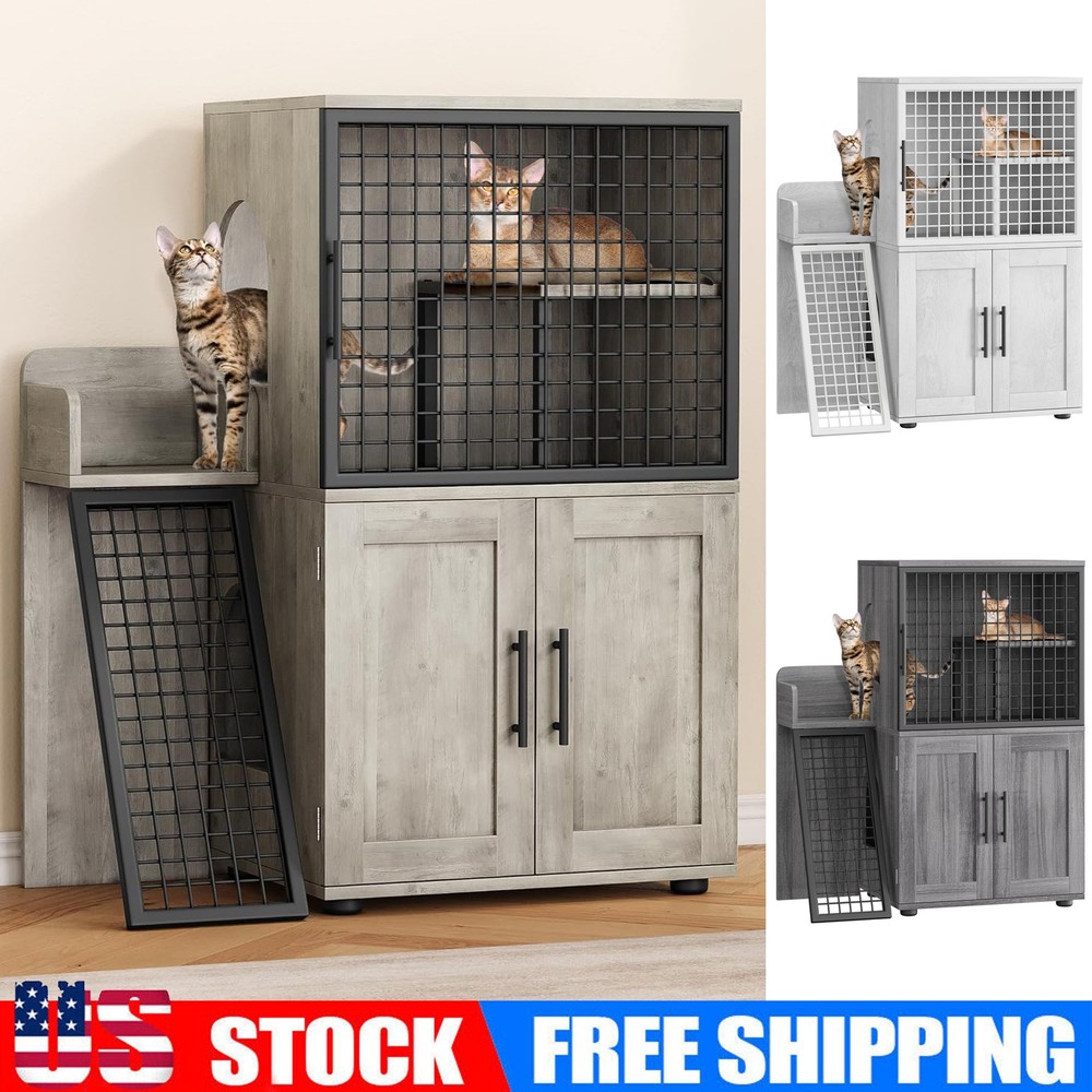 Cat Litter Box Enclosure with Platform & Ladder, Double Layer Hidden Litter Box