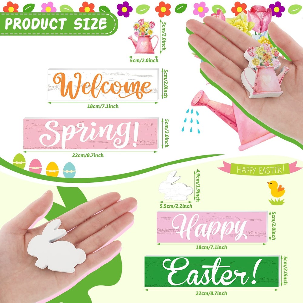 4 Pcs Spring and Easter Decorations Reversible Spring Wooden Vibrant colors