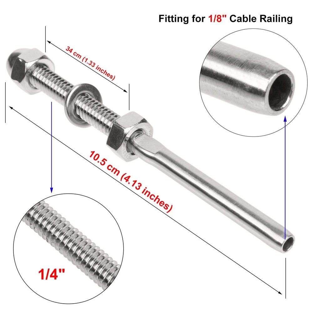 100 Pack 1/8" Cable Railing Swage Threaded Stud Tension End Fitting Terminal New