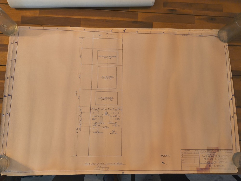 2 Vintage NASA Blueprint Schematic "Gas Sample Panel/Gas Analyzer Console" 1985