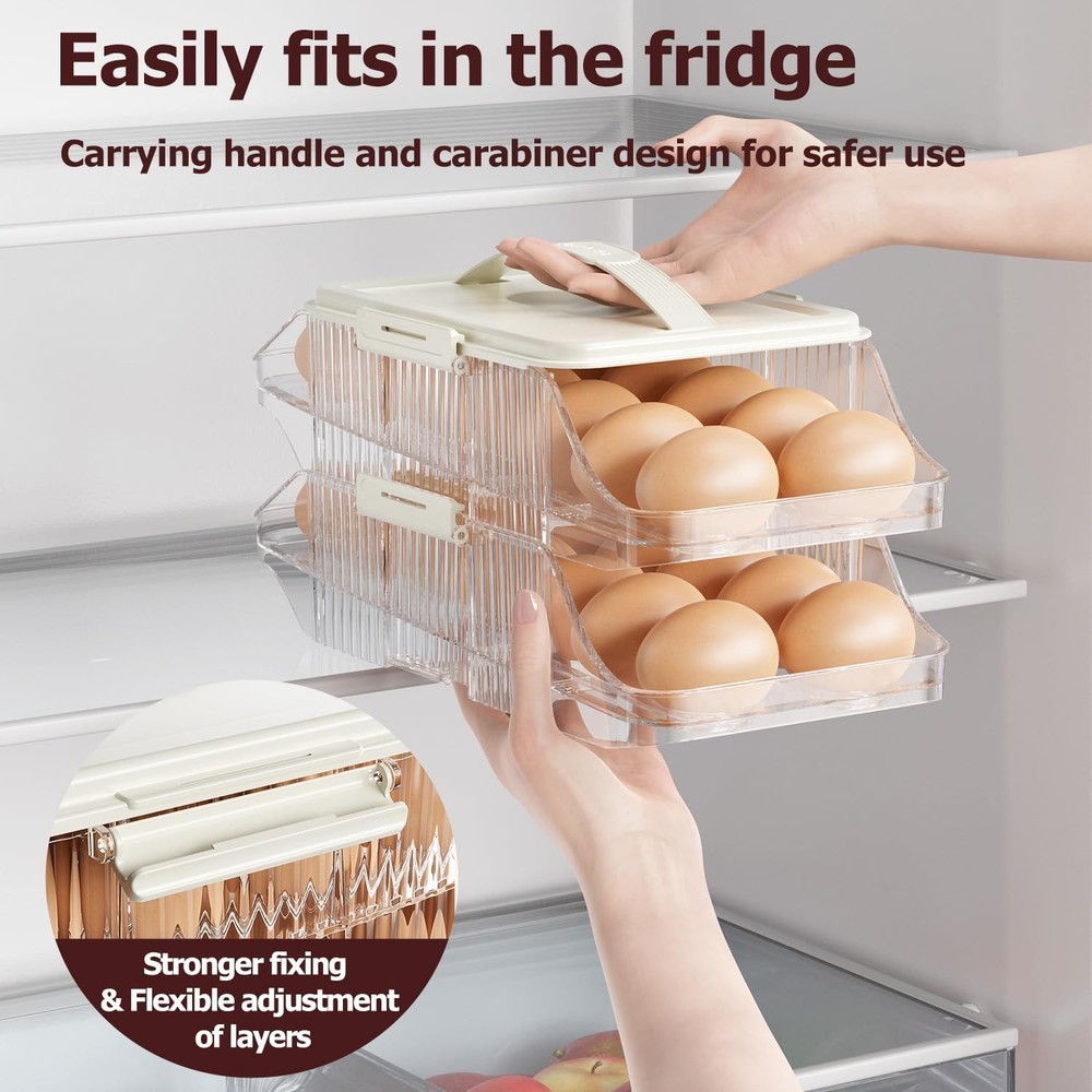 Automatic Rolling Egg Holder for Fridge, Clear 2 Row 3 layers (42 Eggs)