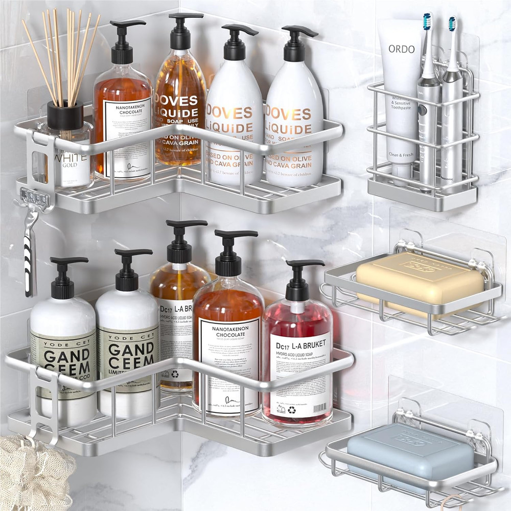 Corner Shower Caddy Organizer, 5-Pack Self-Adhesive Rustproof Bath Shelves with