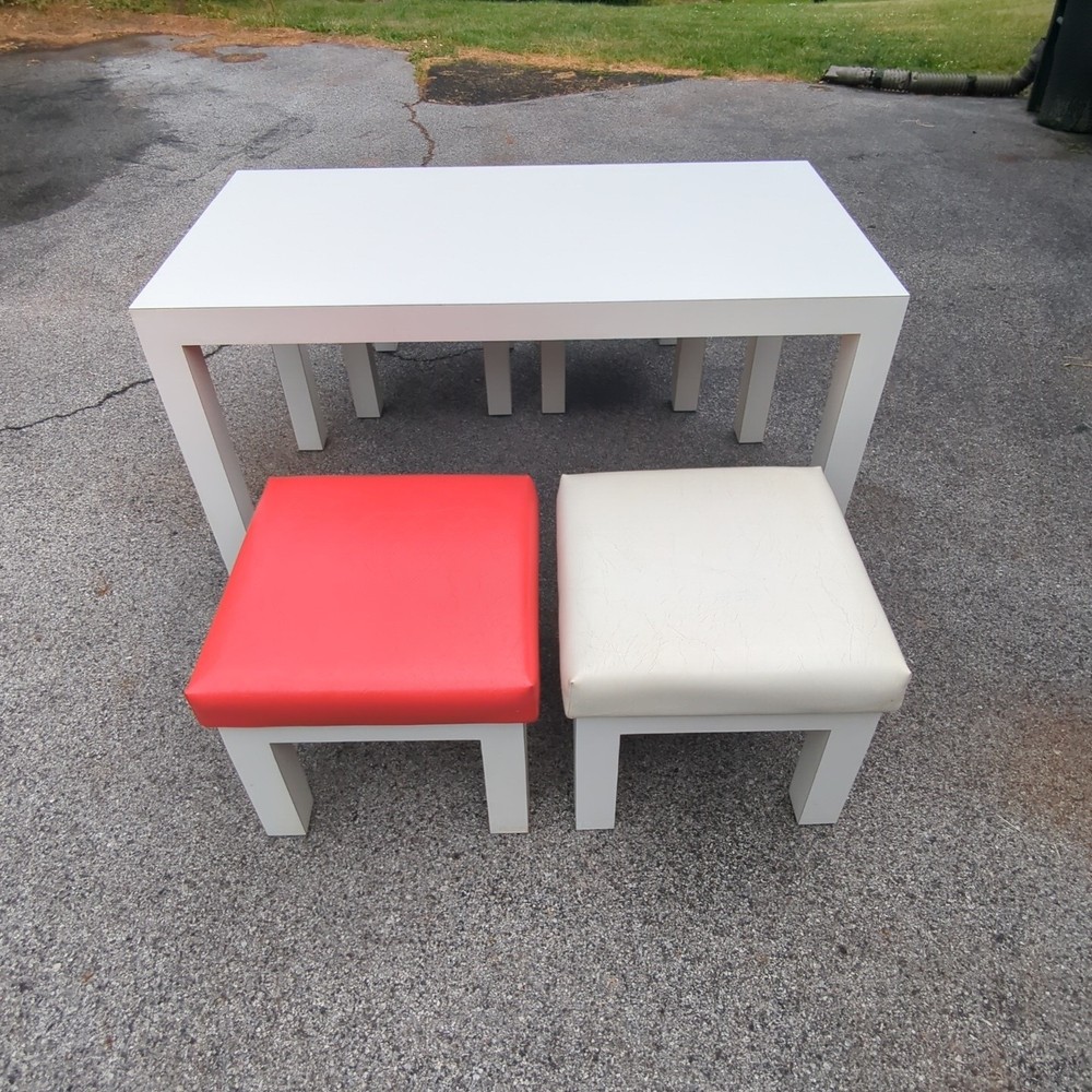 Vintage 80s Postmodern Laminate Parsons Table with 4 Upholstered Stools