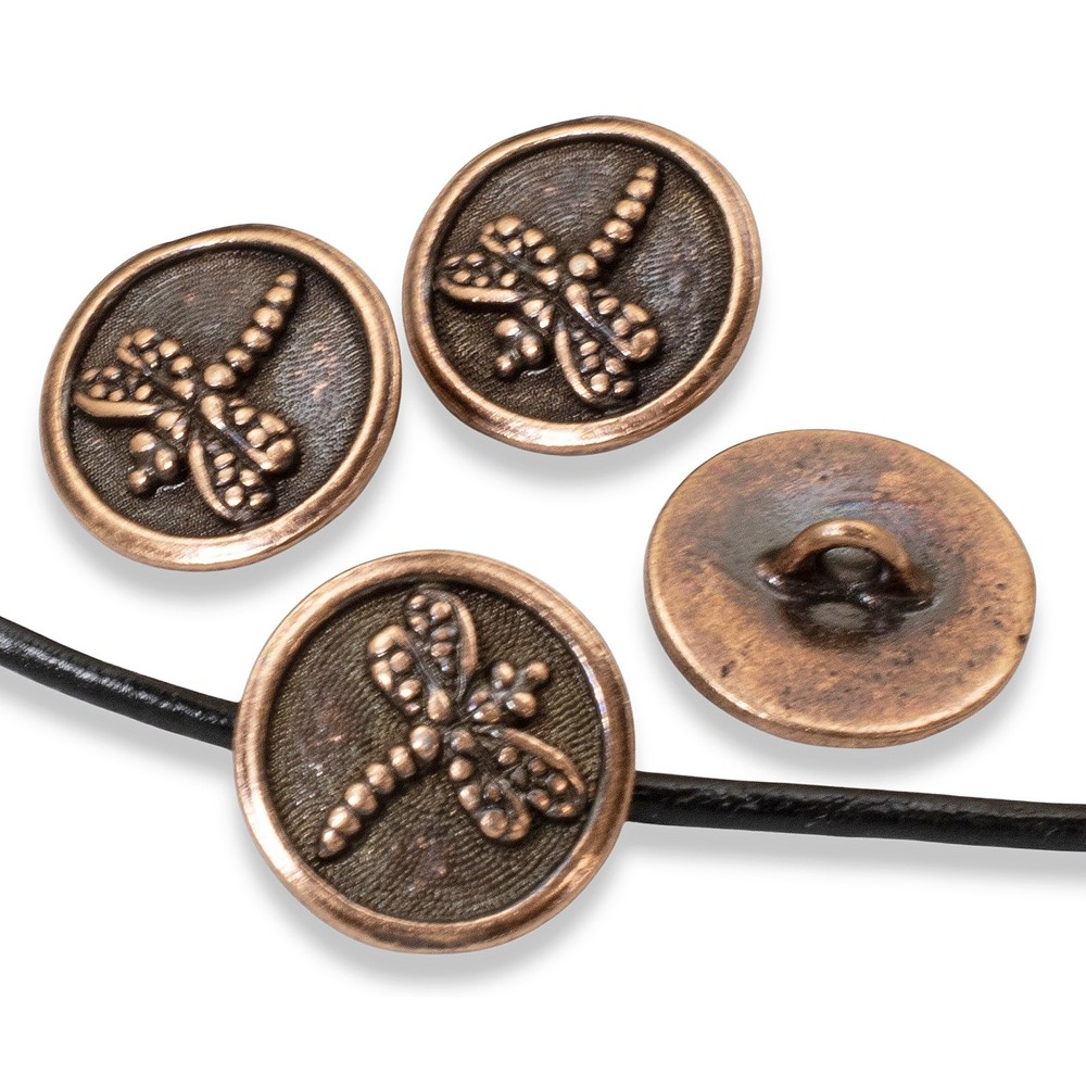 4 Copper Dragonfly Buttons, Loop Shank Back for Leather Cord & Fabric Projects