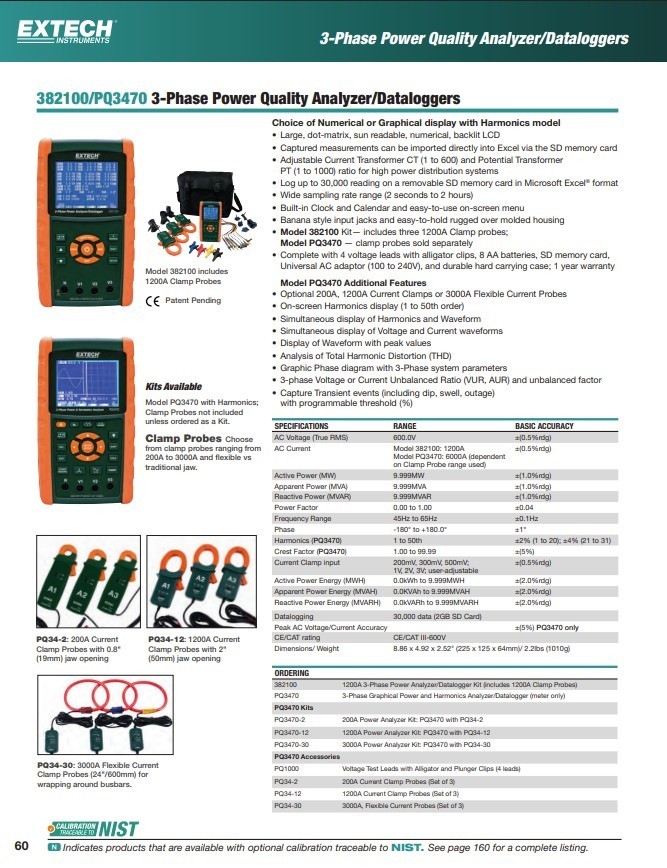 NEW OPEN BOX Extech 1200A 382100 3-Phase Power Analyzer/Datalogger
