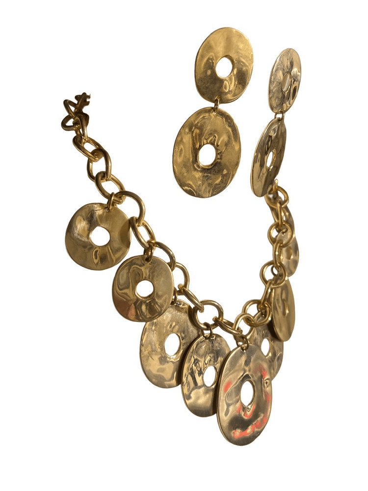 Gold Metal Statement Necklace with Matching Post Earrings
