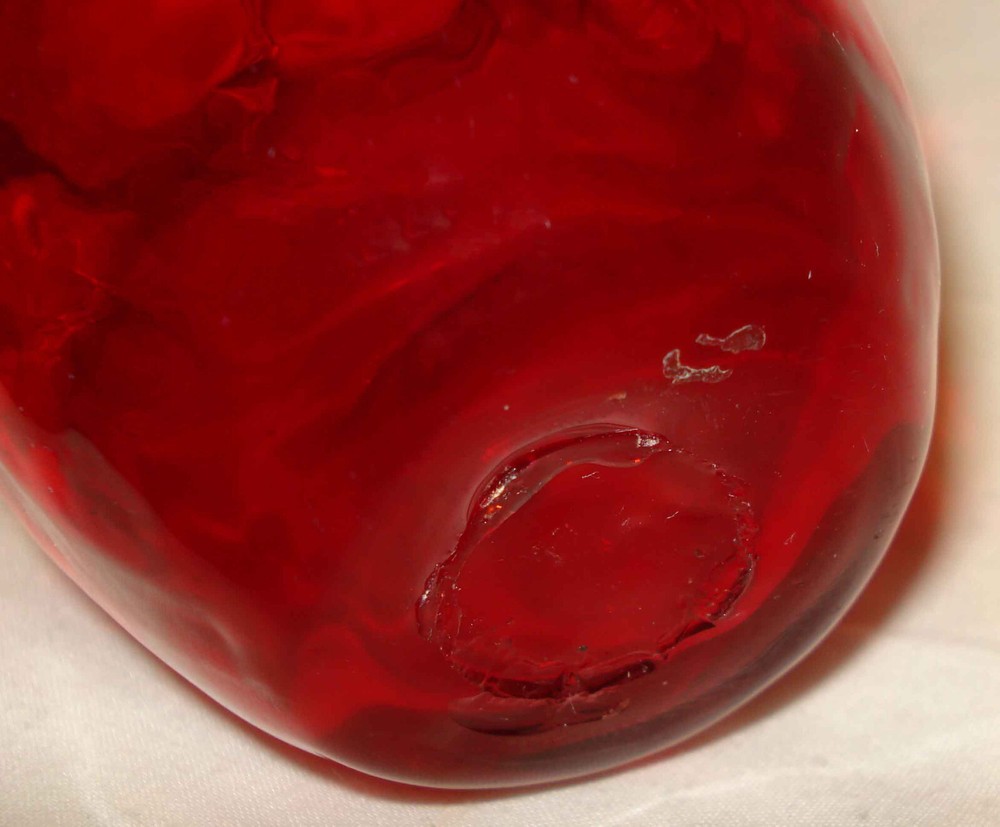 Vintage Hand Blown Ruby Red Glass Wavy Ruffled Applied Crystal Handle Basket