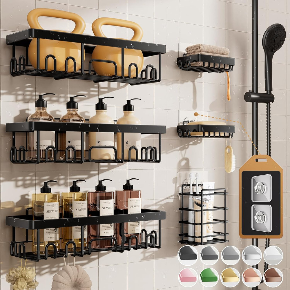 Shower Caddy 6-Pack, Advanced Rustproof Design, No Drilling Adhesive Shelves, Ra