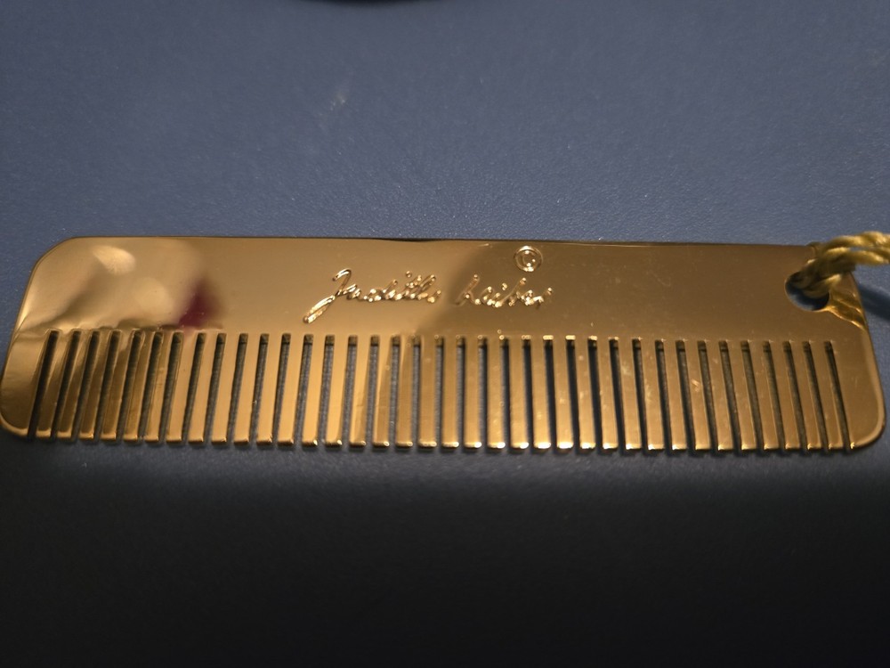 JUDITH LEIBER Gold Compact Mirror Comb Set Pink Case Vintage EUC