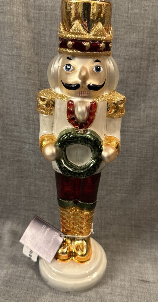 Decoris Glass Tabletop Nutcracker  12.5” NWT Gold White Red