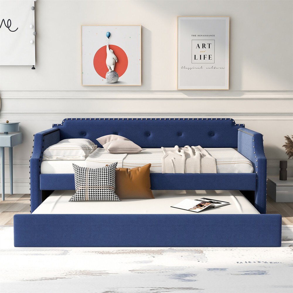 Twin Size Daybed with Pull-Out Trundle Bed Upholstered Bed Frame Sofa Bed Blue