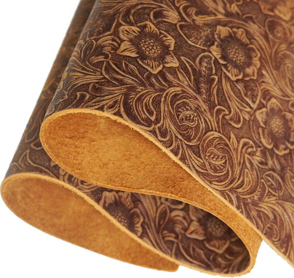 Genuine Leather Sheets Plain Geometric Pattern Printed, Bourbon Brown, 12"x24"