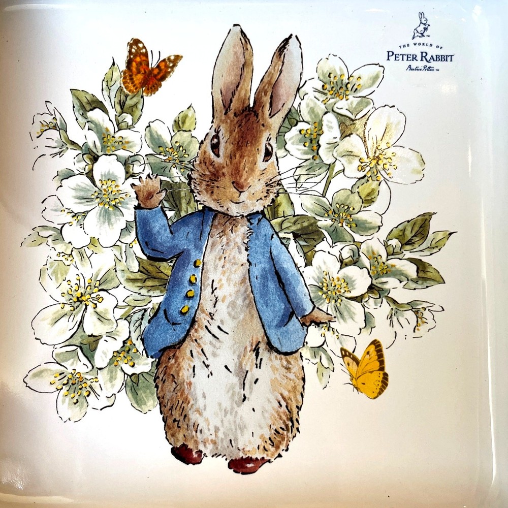 Beatrix Potter Peter Rabbit 9" Square Ceramic Baker Blue Rim Easter Bakeware NEW