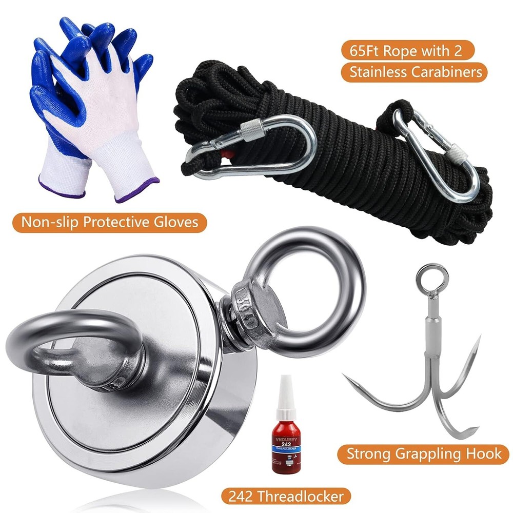 Magnet Fishing Kit 760 LBS Pulling-Includes Grappling Hook 65FT Rope 2.36" Dia