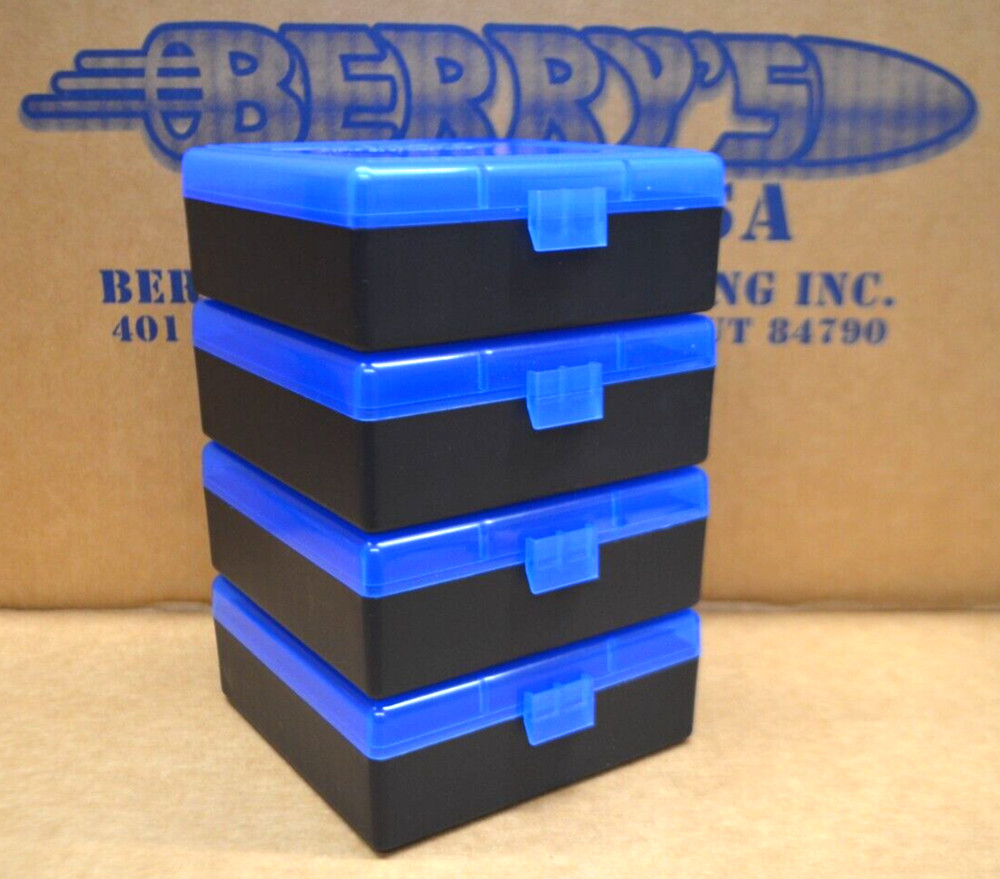 4 x 38 / 357 BERRY AMMO BOXES 100 RD PLASTIC HOLDER (BLUE / BLACK)