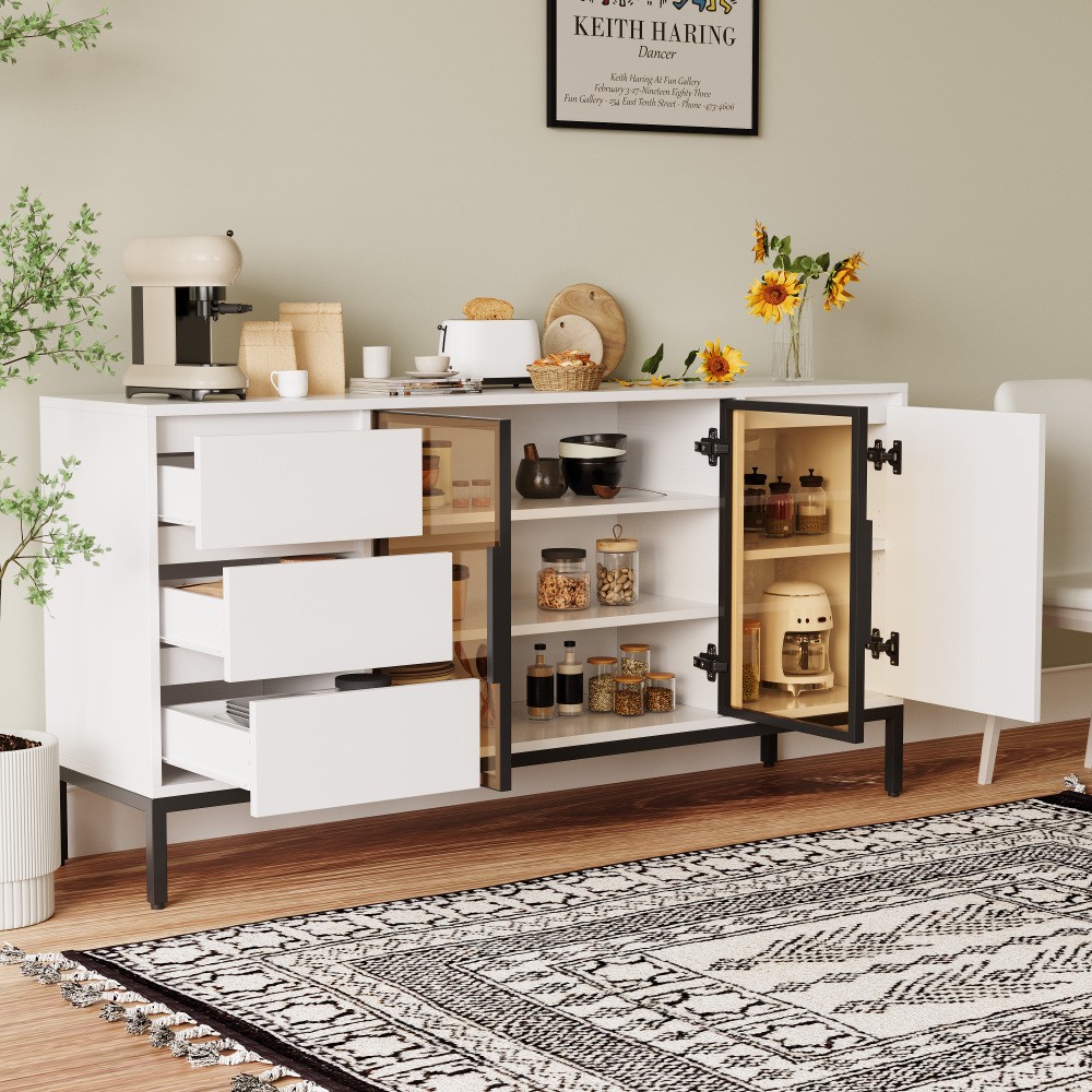White Buffet Cabinet - Storage, Doors + 3 Drawers, Pantry/Console for Kitchen