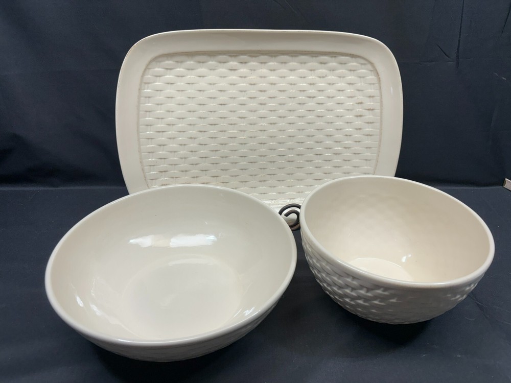 Pfaltzgraff "HAMPTONS" Basketweave ~ 3 Piece Serving Set: Bowls, Platter