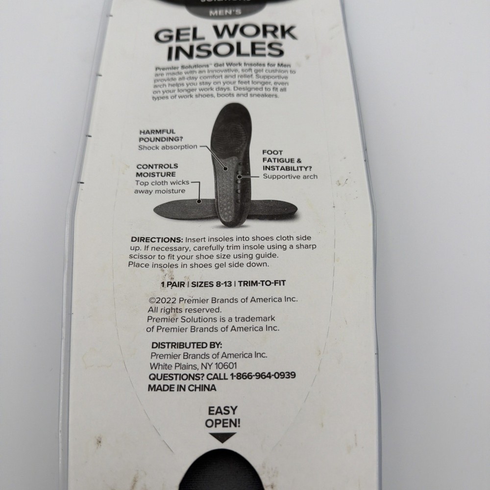 Gel Work Insoles Size 8-13 Premier Solutions Men