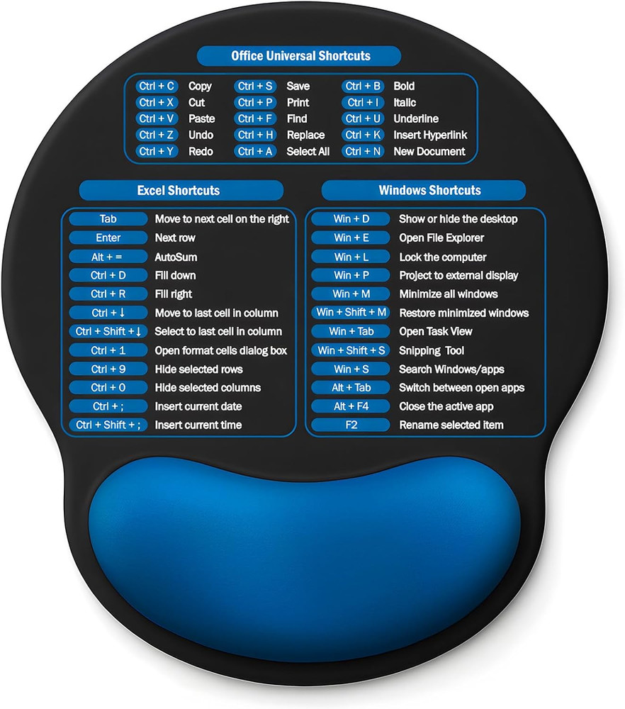 Ergonomic Wrist Rest Mouse Pad Memory Foam Excel Cheat Sheet Non-Slip Travel
