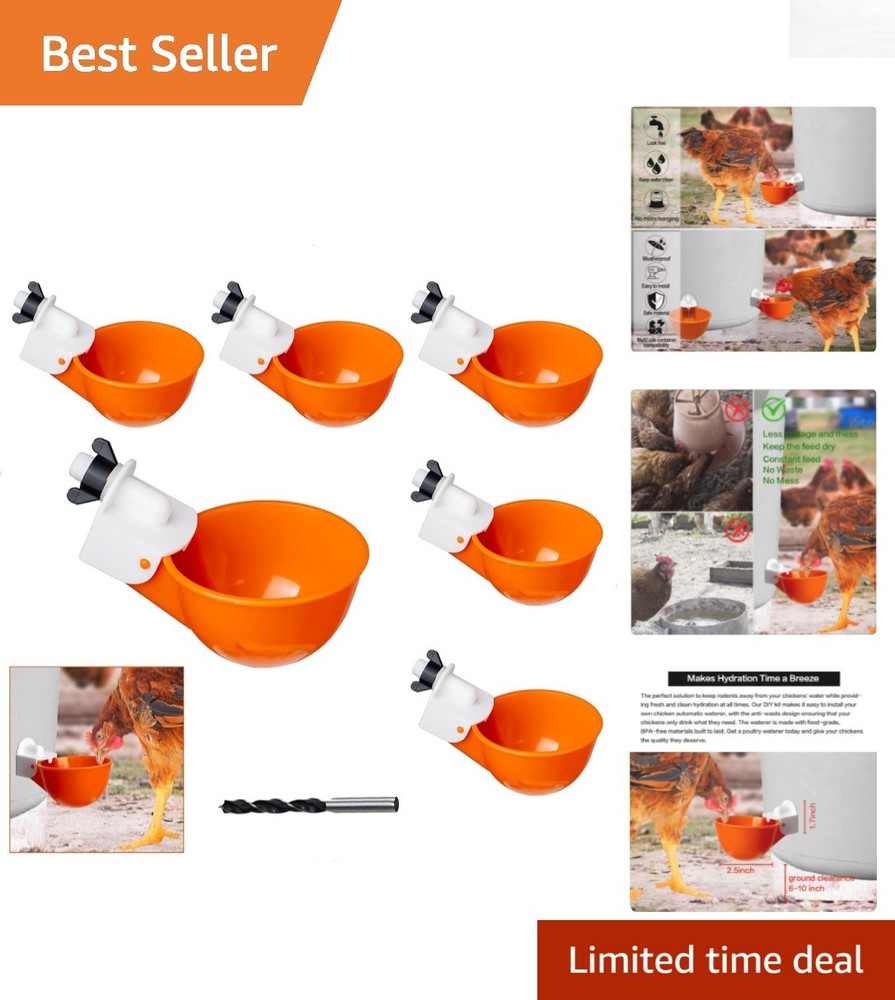 No Waste Poultry Watering Solution - 6 Automatic Cups for Chickens & Ducks