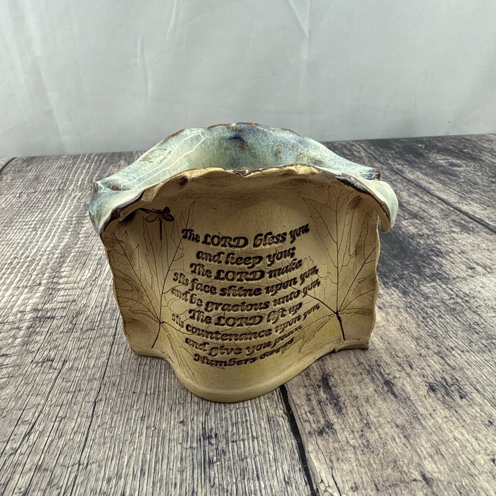Signed Ragan Handmade Studio Pottery Vase 2006 LEAF DRAGONFLY Scripture 4in
