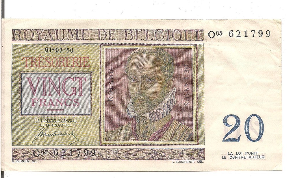 BELGIUM, 20 FRANCS, 1950