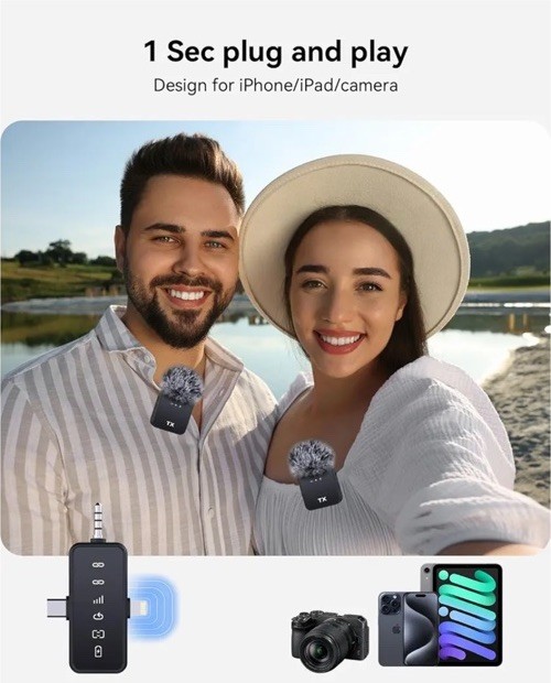 3 in 1 Microphone for iPhone/Android/Camera, Wireless Lavalier Black-3in1