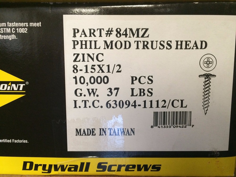 INTERCORP 84MZ #8 x 1/2 Sharp Point Modified Truss Head K-Lath Screw (10,000)