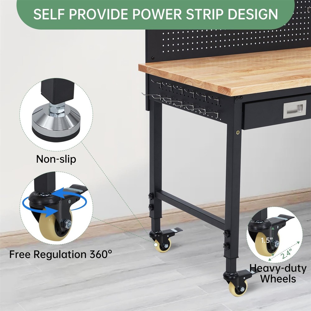 ✔️48" Work Benches for Garage Adjustable Workbench Wheels Pegboard Drawers 2000L