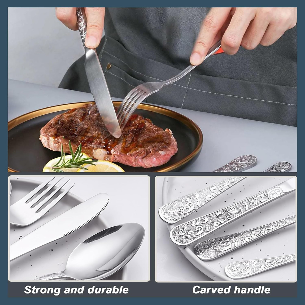 Runfly Vintage Carved Stainless Steel 20 Pieces Flatware Set, Silverware Set, Mo