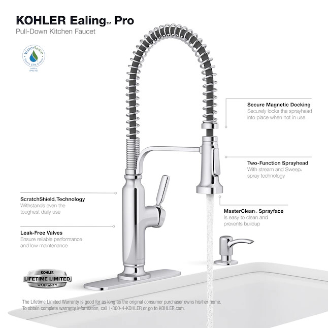 KOHLER Ealing Chrome Single Handle High-arc Kitchen Faucet w/Sprayer Function