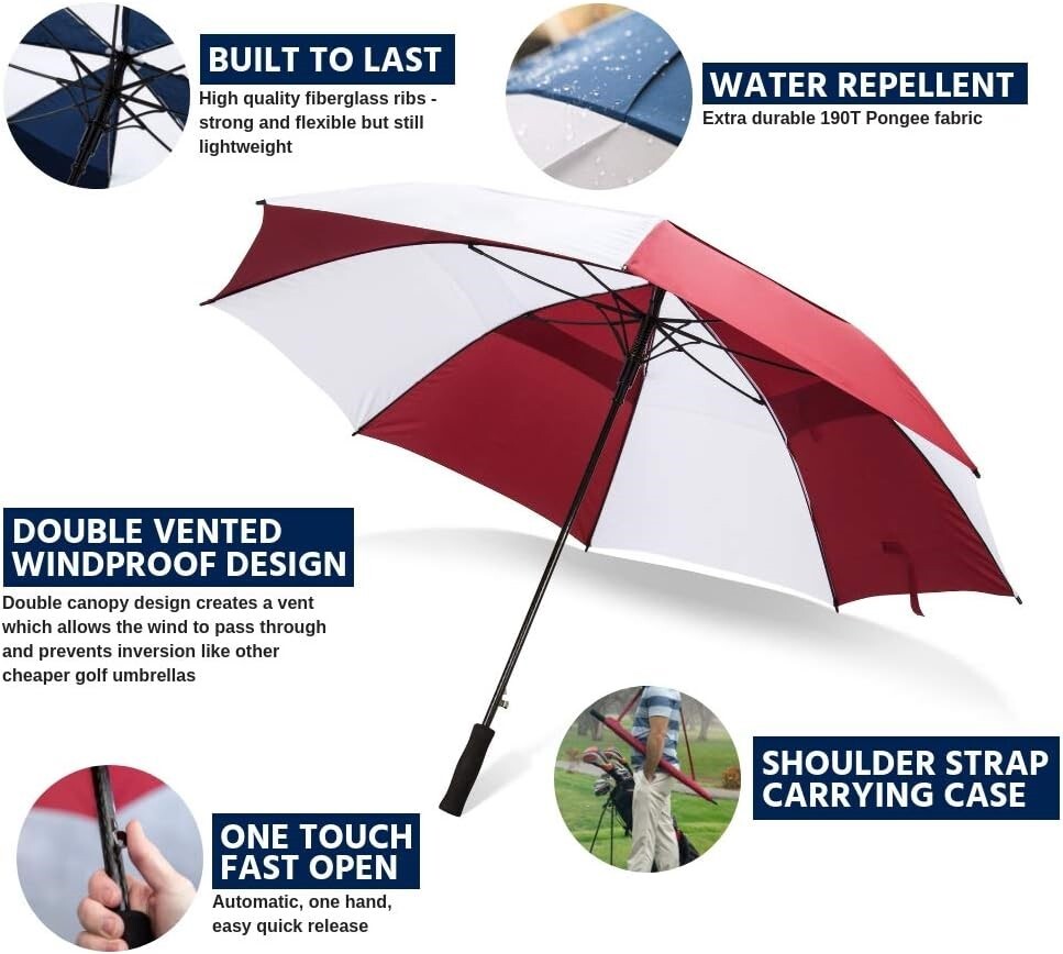 68" Automatic Open Golf Umbrella XL Vented Waterproof Windproof Double Canopy