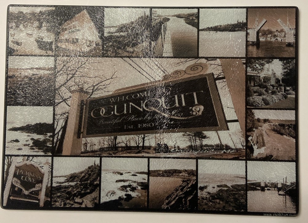 Exit 82 Art Ogunquit Maine Collage Glass Cutting Board with Box