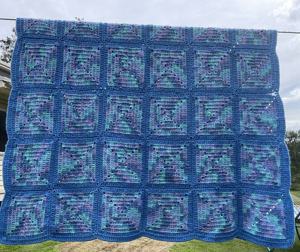 Crocheted Throw Blanket Blue Purple Squares Handmade Granny Square