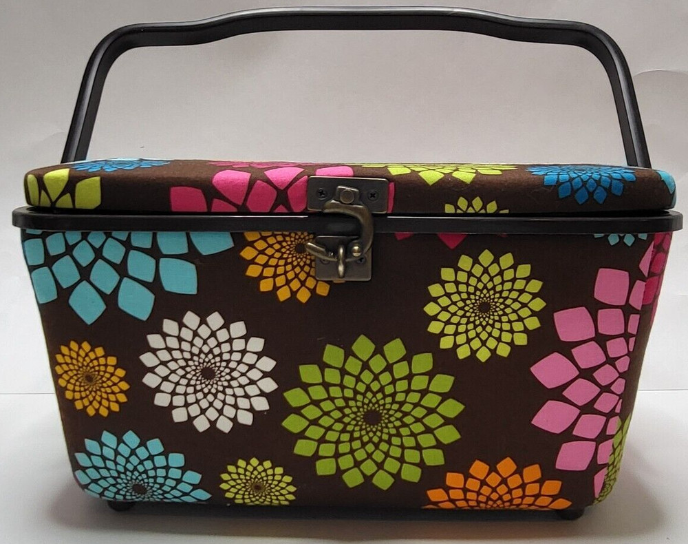 Sewing Basket Storage Case & Tray Insert Floral Abstract Brown with Hook Closure